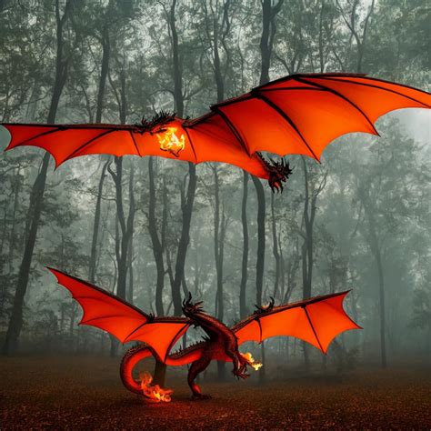 Fire Breathing Dragon Flying Over Foggy Old Forest Stable Diffusion