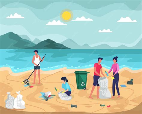 Premium Vector | Beach cleaning . people collecting trash into bags on