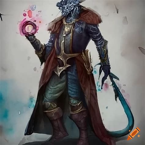 Watercolor Painting Of Silver Dragonborn Warlock With A Pirate Outfit