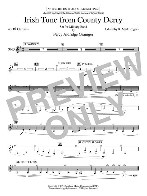 Irish Tune From County Derry Clarinet 4 By Percy Grainger Sheet Music