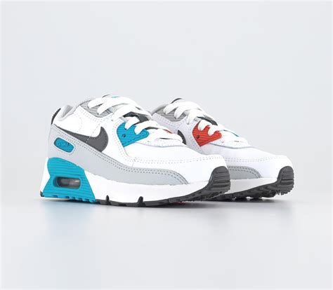 Nike Air Max 90 Kids Trainers White Iron Grey Chlorine Blue Fusion Red