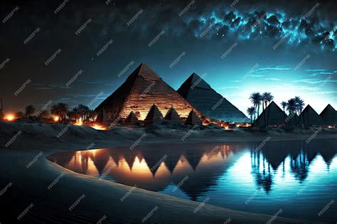 Premium Photo Beaful Night Scenery With Egyptian Pyramids Located On