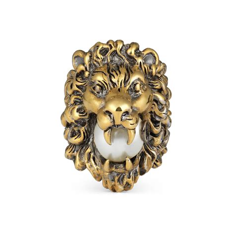 Gucci Lion Head Ring With Glass Pearl In Metallic Save 5