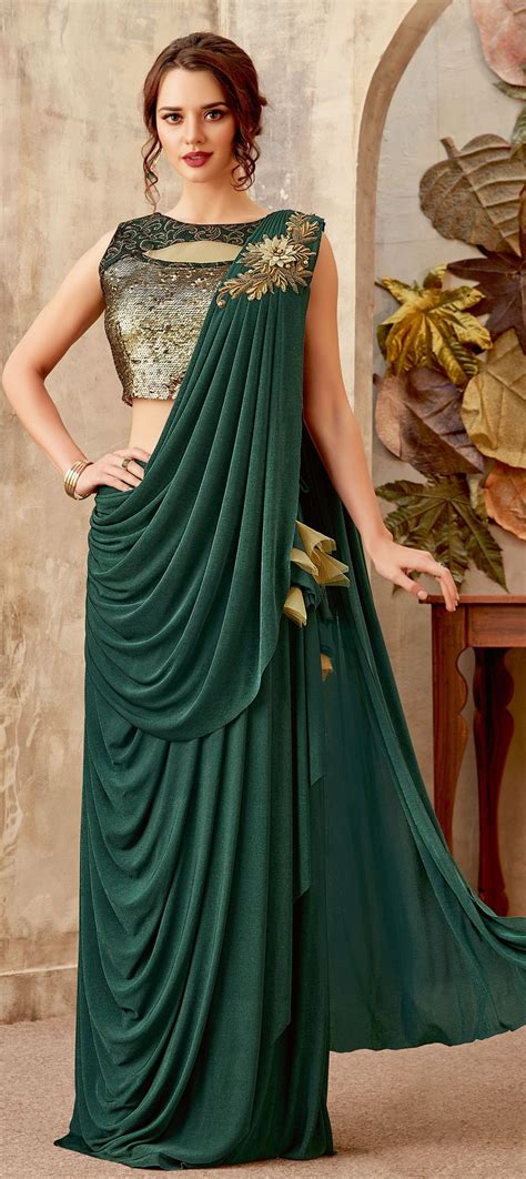 1556950 Bridal Designer Engagement Reception Wedding Green Color Lycra Fabric Readymade Saree