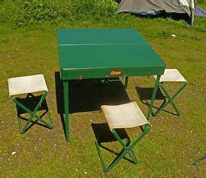 Original Vintage Coleman Metal Folding Camping Table with Stools Chairs Set