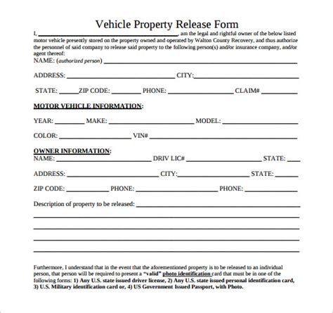 Printable Vehicle Release Form Template