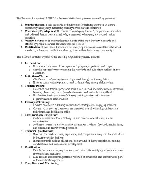 Training Regulation Of Tesda S Trainers Methodology Standardization