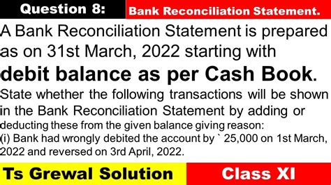 Que 8 Debit Balance As Per Cash Book Bank Reconciliation Statement