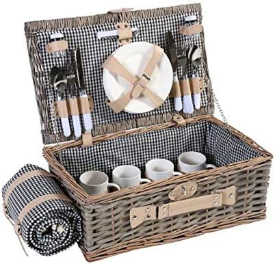 Picknickkorb Set HWC B24AM für 4 Personen Weiden Korb Porzellan