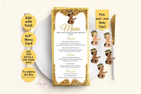 Prince Baby Shower Menu, Little Prince, Menu, Black and Gold Glitter ...