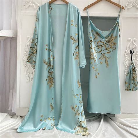 Print 2pcs Robe Sleep Suit Women Bridal Kimono Bathrobe Gown Lingerie