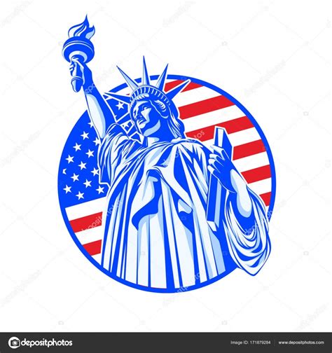 Statue Of Liberty In Blue On The Background Of The Usa Flag Stock