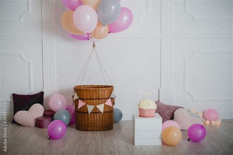 decorations for the photo shoot of the first birthday with a cake and balloons. Stock Photo ...