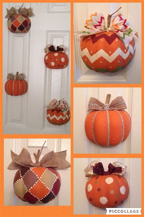 Four Pictures Of Pumpkins With Bows On Them