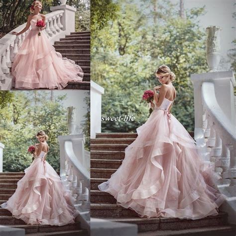 Romantic Blush Ball Gown Wedding Dresses Ruffles Organza Beads Lace