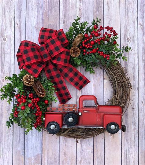 Christmas Wreath Red Truck Wreath Holiday Decor Buffalo Etsy