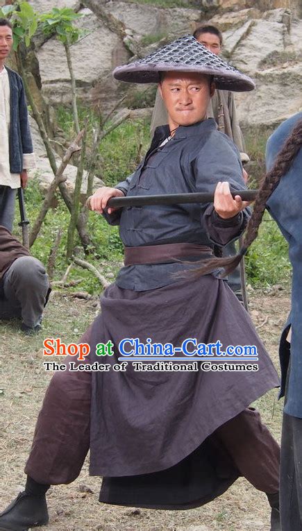 Chinese Ancient Swords Men Kung Fu Costumes And Bamboo Hat Straw Hat Complete Set