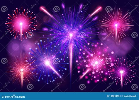 Colorful Fireworks Set Bright Festive Realistic Vector Fireworks