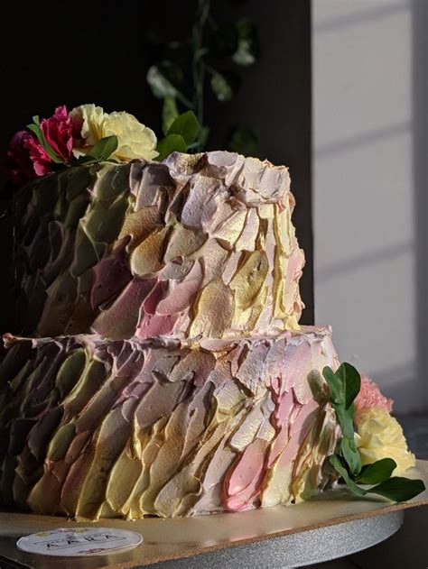 Two Tiered Semi Naked Fruit Cake With Rainbow Strokes