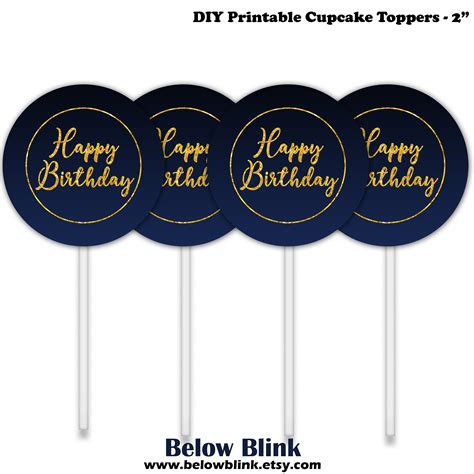 Happy Birthday Cupcake Toppers Navy Blue And Gold Birthday Etsy New