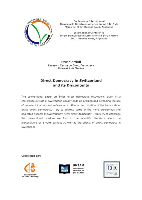 Direct Democracy in Switzerland Uwe Serdült Research Centre on Direct