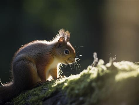 Ein rotes eichhörnchen sitzt auf einem baumstamm im wald Premium Foto