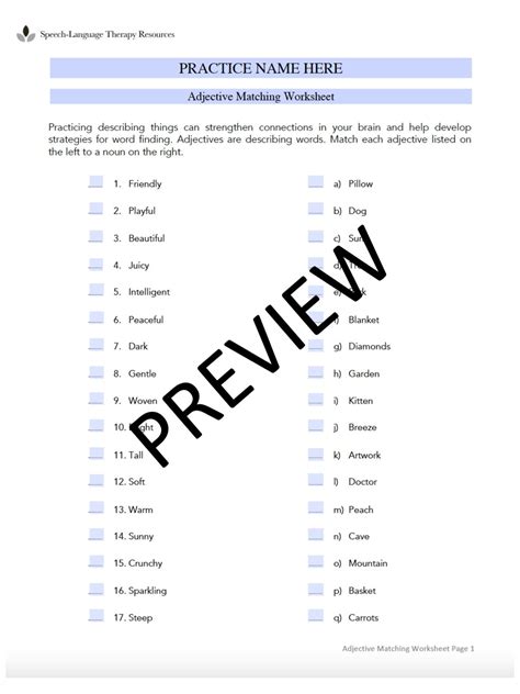 Adjective Matching Worksheet For Speech Therapy Editable Fillable