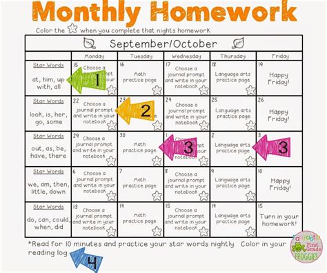 Pre K Monthly Homework Calendar First Grade Homework Homework Calendar Homework