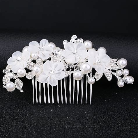 White Flower Bridal Hair Comb Wedding Hair Accessories Pearl Rhinestone