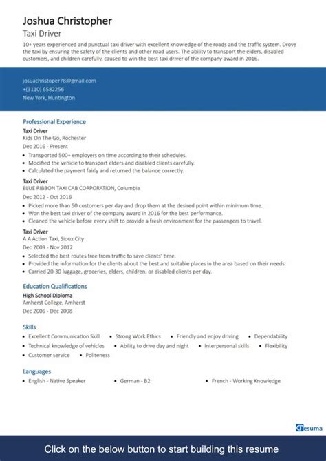 Taxi Driver Resume Example Writing Guide Cresuma