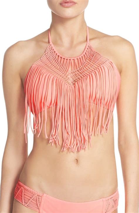 LULI FAMA HEART OF HIPPIE WEAVE MACRAME FRINGE HALTER BIKINI TOP ONLY