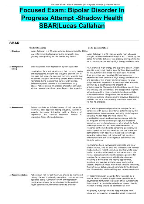 Focused Exam Bipolar Disorder In Progress Attempt Shadow Health Sbar