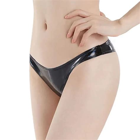 Women Sexy Latex Patent Leather Thong Glossy Mini Underwear Low Waist Briefs Bikini Elastic