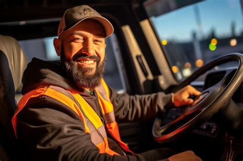 Um Motorista De Caminh O Sorridente Ao Volante De Um Caminh O