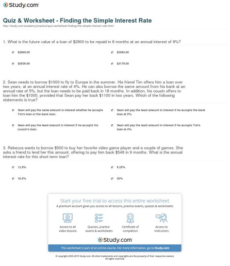 Calculating Simple Interest Worksheets