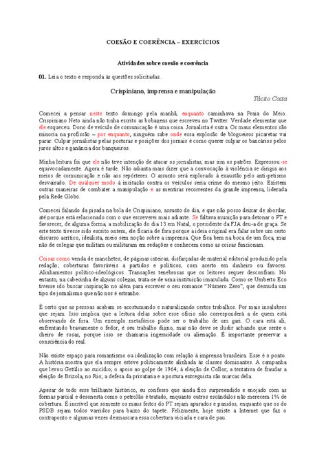Atividades De Coesão E Coerência Ensino Médio Com Gabarito