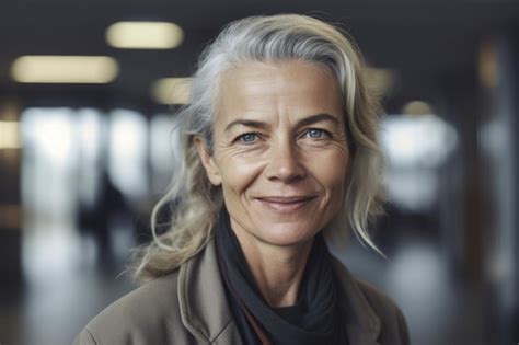 Premium Photo Mature Smart Swedish Businesswoman Smiling Face Standing In Blur Background Of