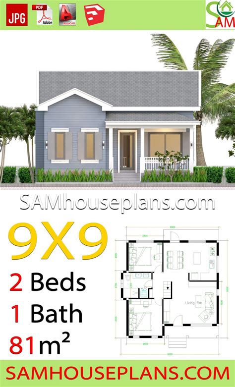 House Plans 7 5x8 5m With 2 Bedrooms Gable Roof House One Bedroom