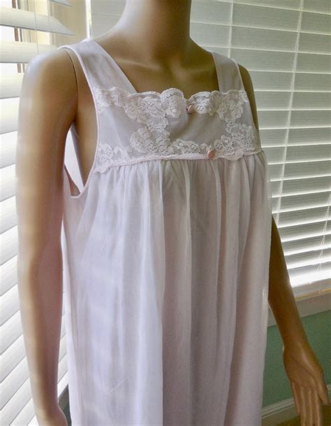 Vintage 60s Nylon Chiffon Nightgown Lingerie S Peach Gem