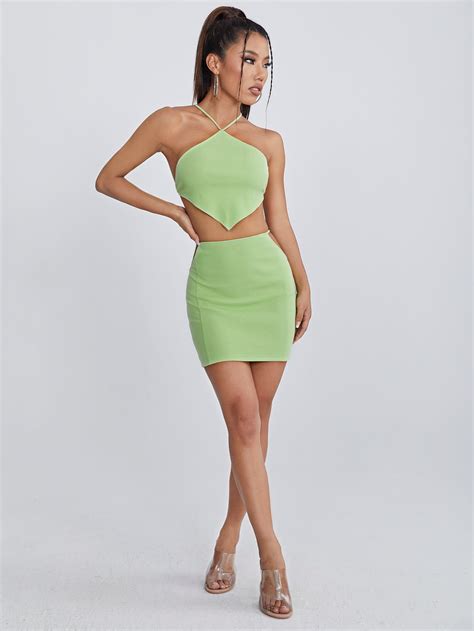 Crisscross Tied Backless Hanky Hem Halter Top And Cut Out Waist Skirt Set