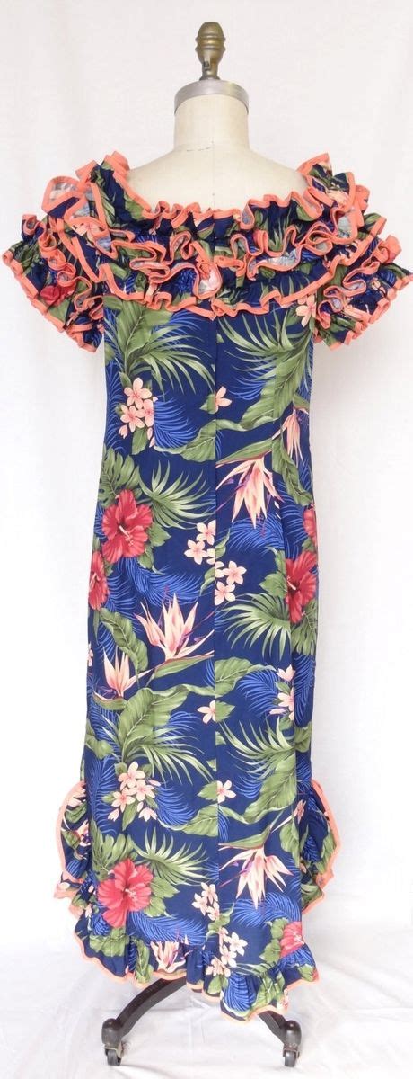 Hand Made Hawaiian Muumuu Dress With Floral Print Ruffle Neck And