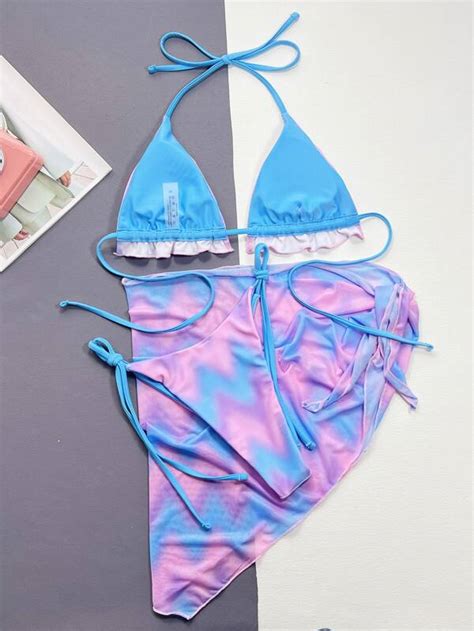 Shein Swim Y2glam Tie Dye Bikini Set Frill Trim Halter Triangle Bra