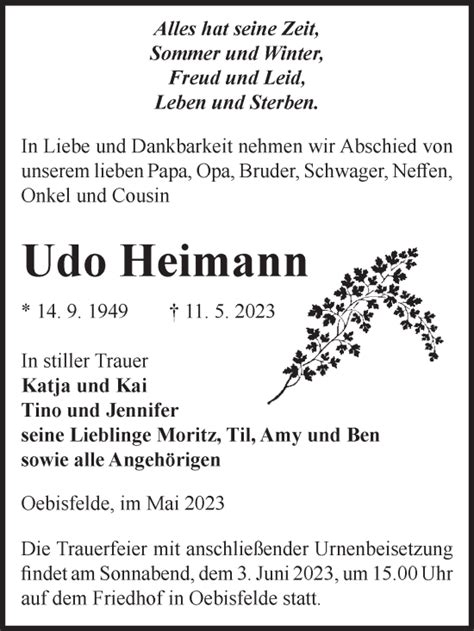 Traueranzeigen Von Udo Heimann Abschied Nehmen De