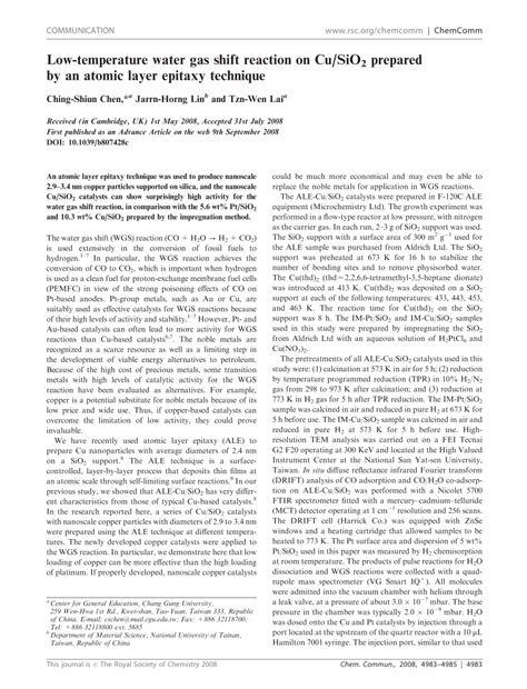 Pdf Low Temperature Water Gas Shift Reaction On Cu Sio2 Prepared By