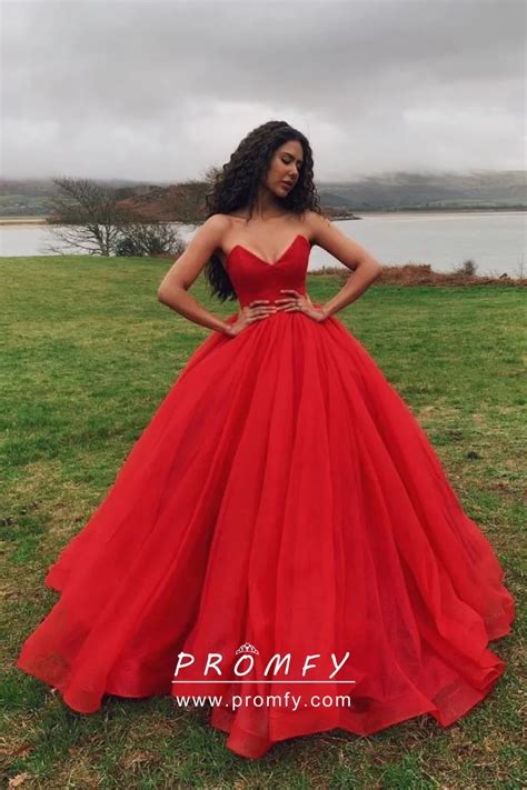 Classy Red Satin And Tulle Strapless V Neck Corset Ball Gown Prom Dress