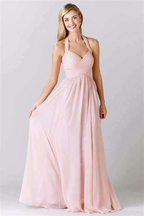 Chic Robe à Col Halter Rose Poudré Longue Pour Fille Dhonneur