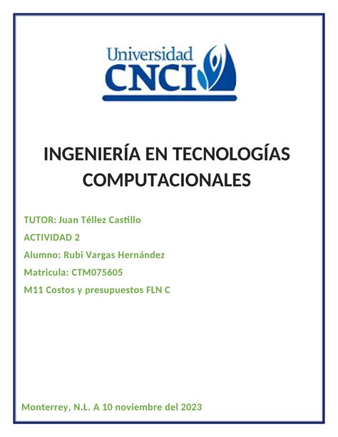 Costos y presupuestos act 2 INGENIERÍA EN TECNOLOGÍAS COMPUTACIONALES