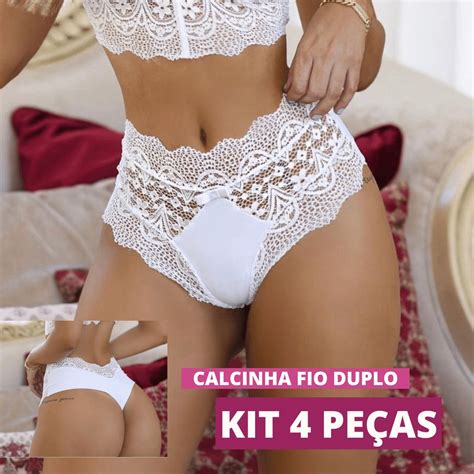 Kit 4 Calcinhas Lingerie Fio Dental Duplo Tanga Tendência Cós Médio Cintura Alta em microfibra e
