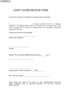 Fillable Online COAST GUARD RELEASE FORM Houston Pilot Commission Fax