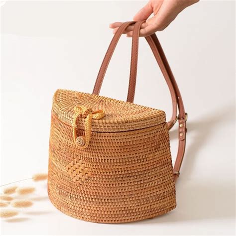 Handmade Women Rattan Backpacks Bags Small Handbags Rattan